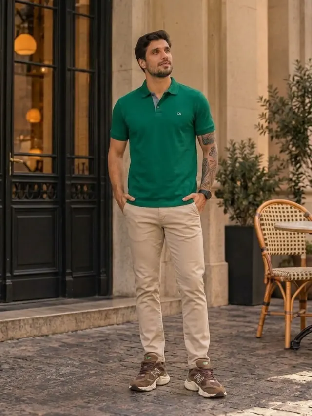 Polo verde e calça bege